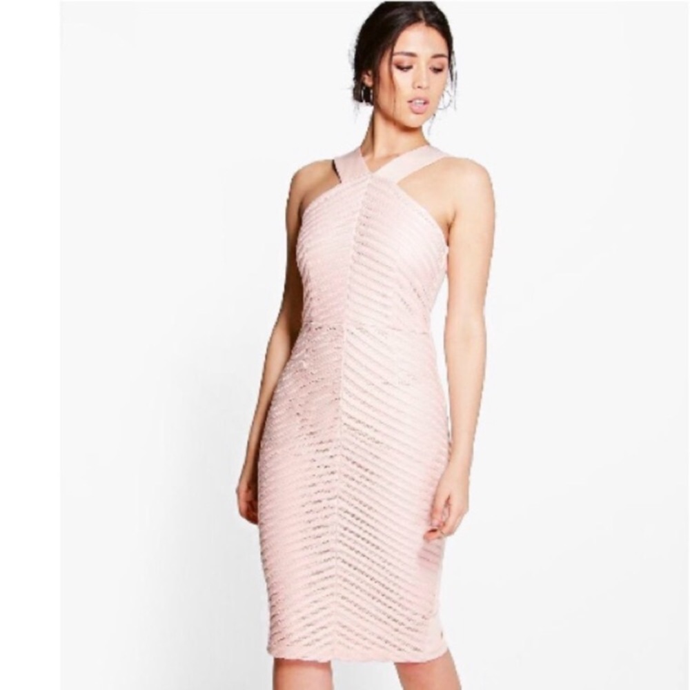 Boohoo Stripe light pink mesh midi dress